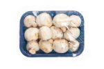 Mushrooms in blue plastic box isolated on white background